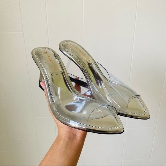 Good American Cinder F Rella Wedge Silver Lucite Triangle Block Heels Size 7​ - Picture 2 of 6